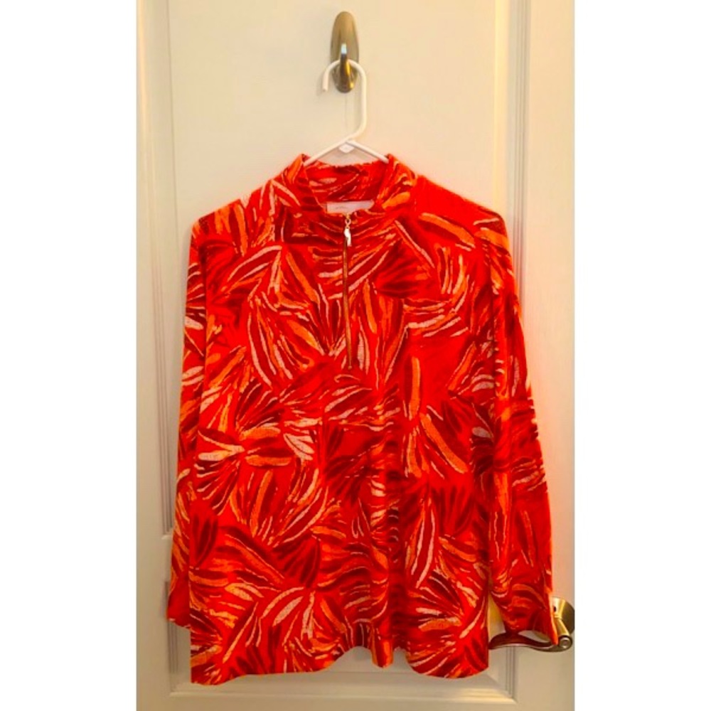 New Pappagallo Scarlet Tropical Print Half-Zip Pullover Size L 🦜